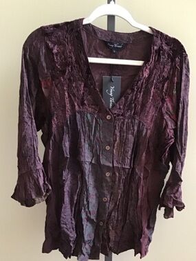 YOUNG THREADS NWT Top Merlot Velvet Floral Embroidered Gauze Size Large